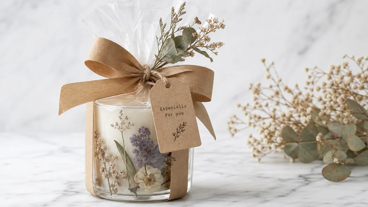 a gift-wrapped candle with dried botanicals and kraft paper ribbon on a…