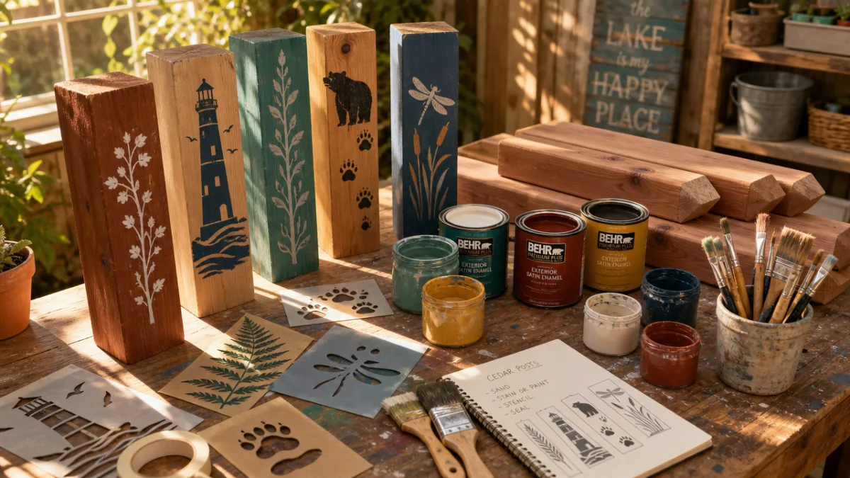a sunlit wooden workshop table covered with cedar posts, paintbrushes, stencils, and…