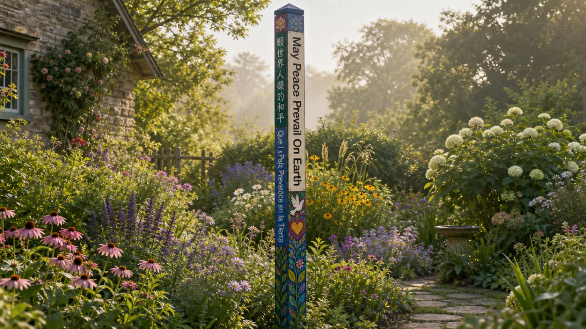 a tall painted peace pole standing in a lush cottage garden surrounded…