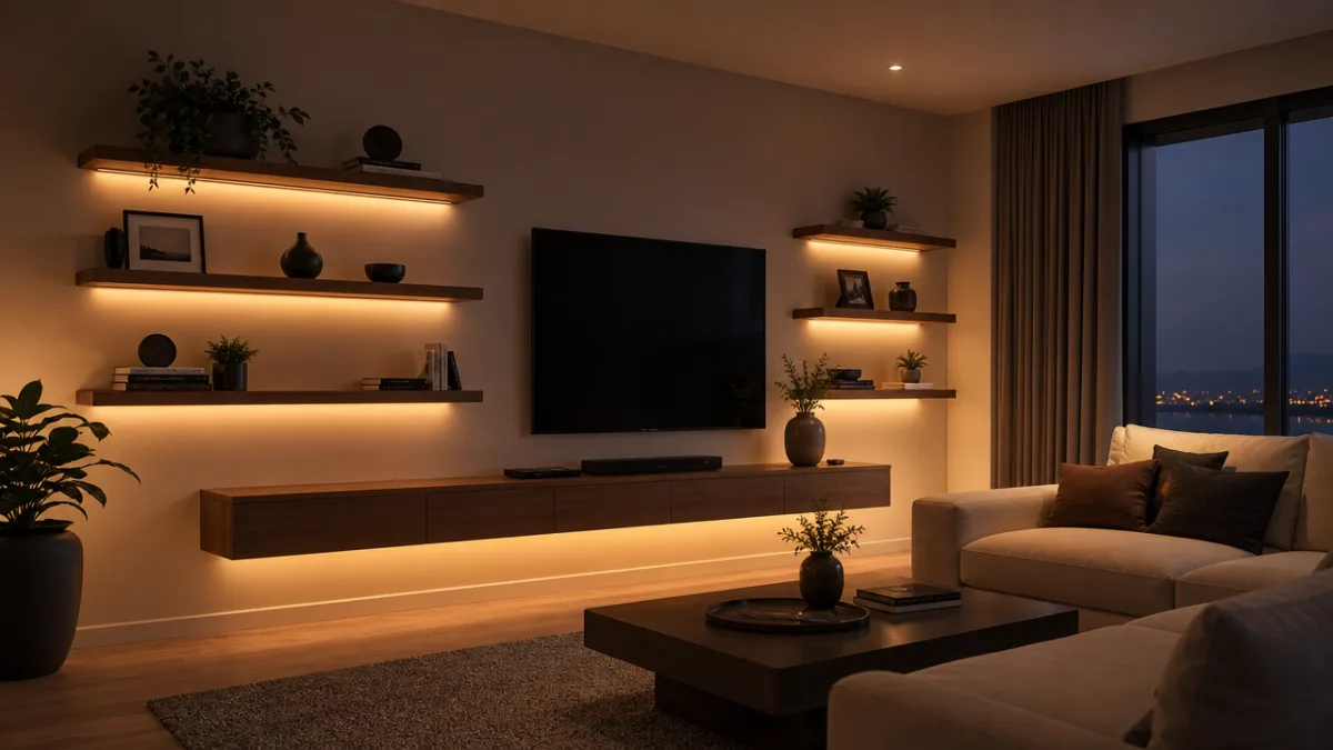 a modern living room with floating wood shelves glowing warm amber LED…