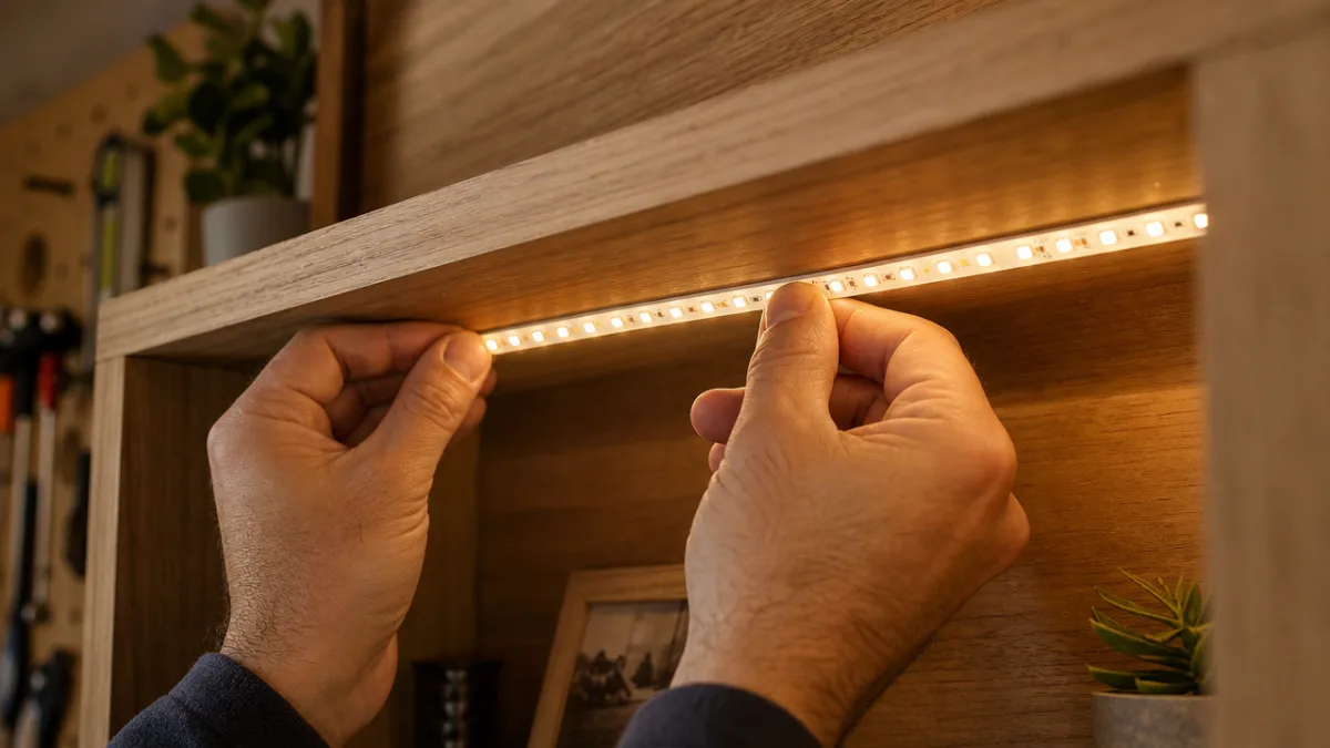 a close-up of hands installing LED strip lights inside a wooden floating…