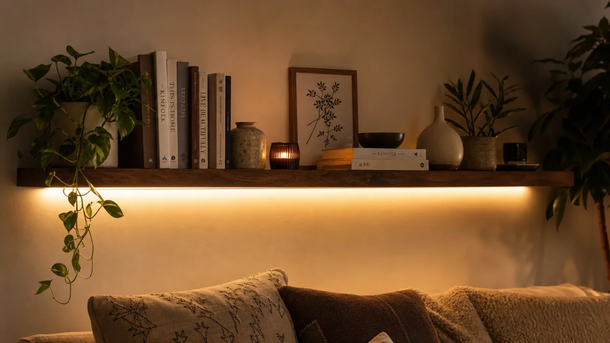a styled floating shelf with books, plants and ceramics glowing under warm…