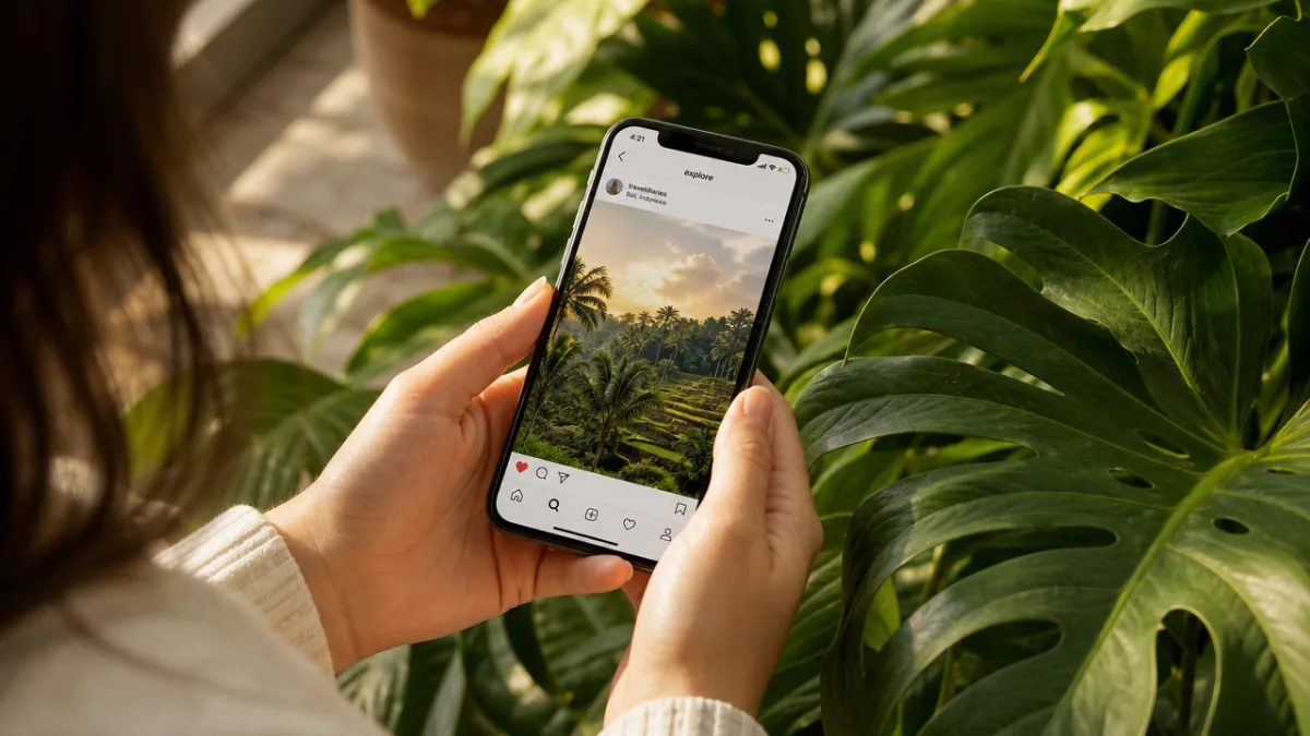 a person holding a smartphone over a lush green tropical plant in…
