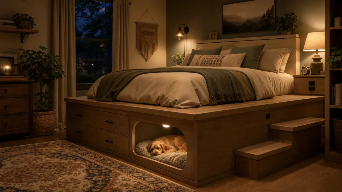 a cozy bedroom with a raised platform bed featuring a built-in pet…