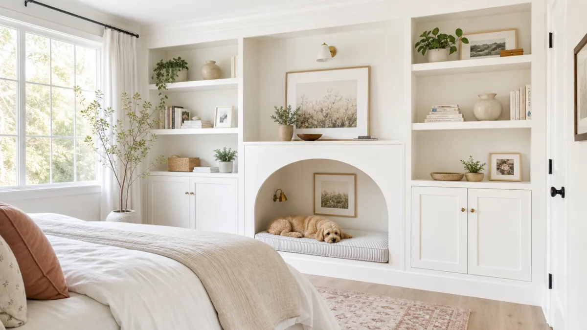 a bright airy bedroom with white built-in shelving featuring an integrated arched…