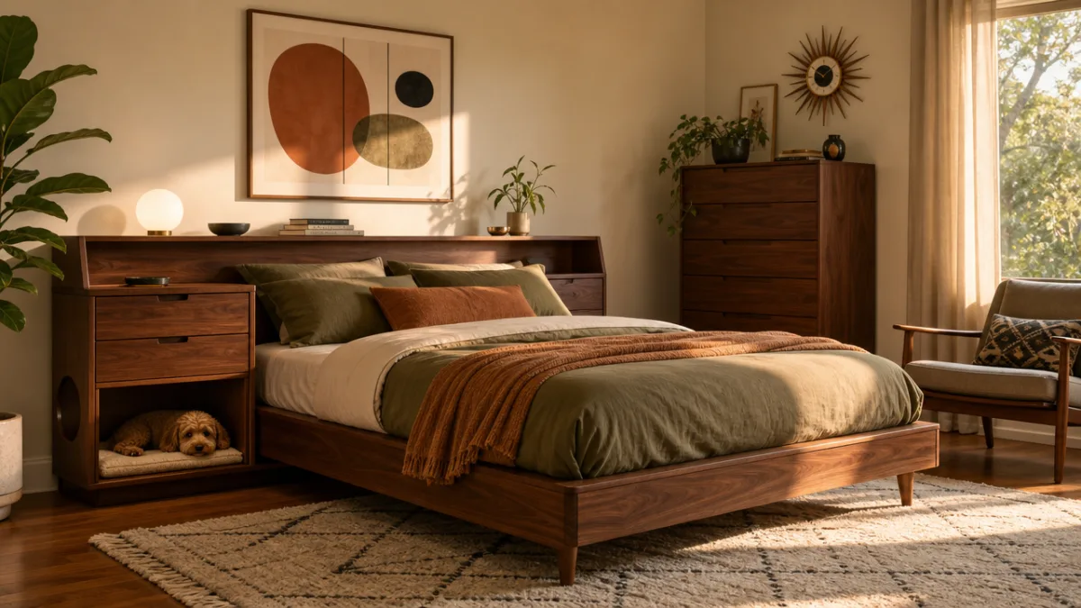 a stylish mid-century modern bedroom with walnut furniture featuring a sleek integrated…