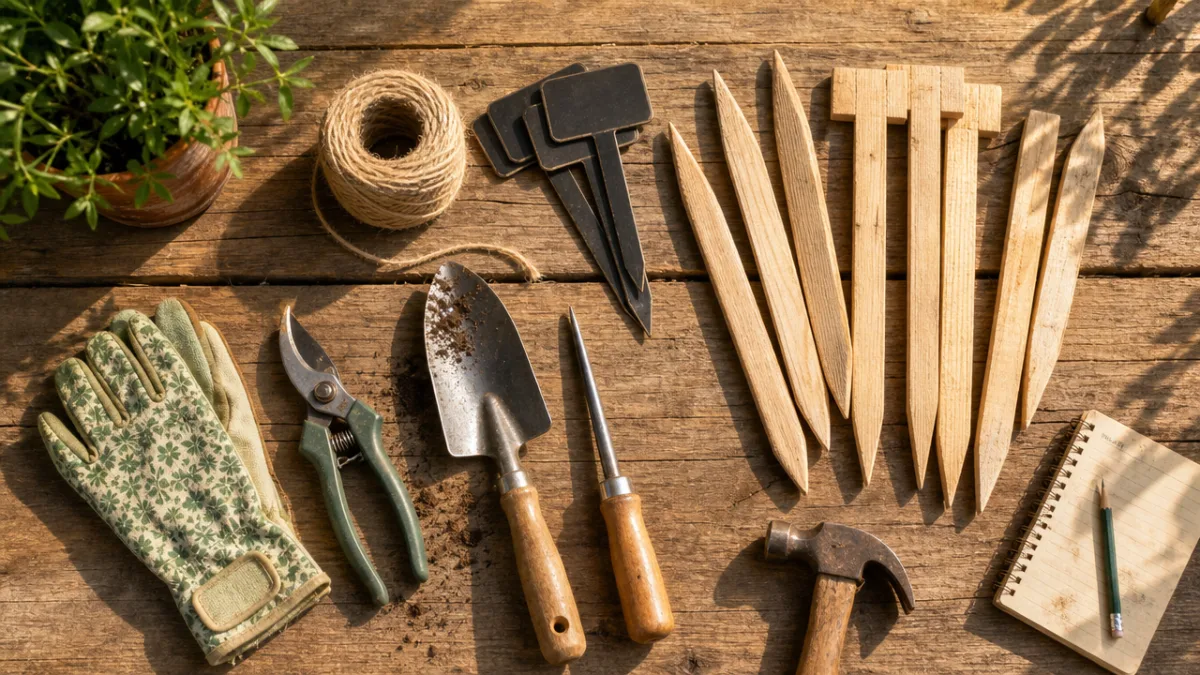 a flat lay of garden DIY tools and wood stakes on a…