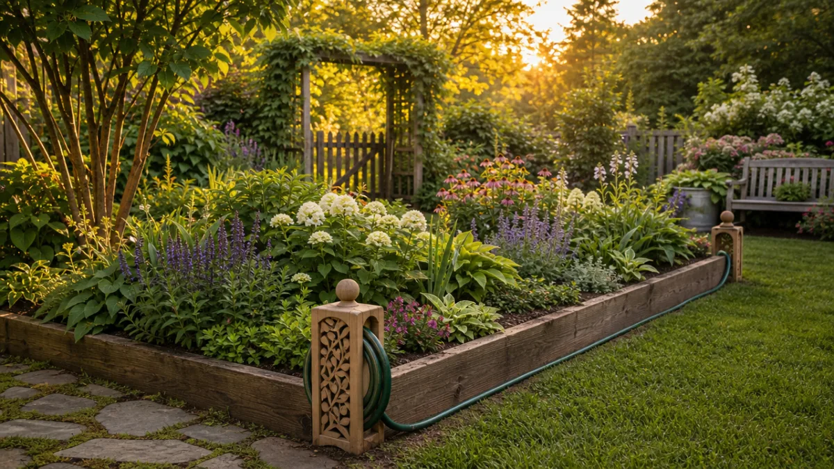 a lush green garden with decorative wooden hose guides at bed corners,…