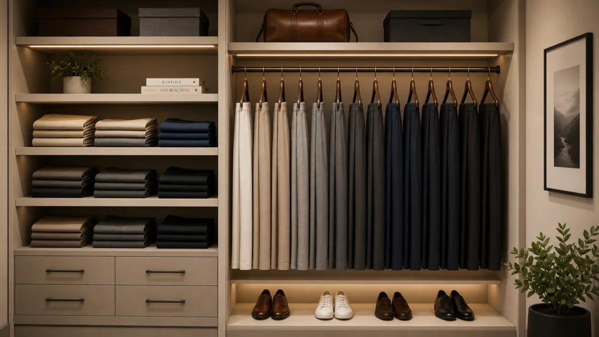 neatly organized wardrobe with folded and hung trousers in various neutral colors,…