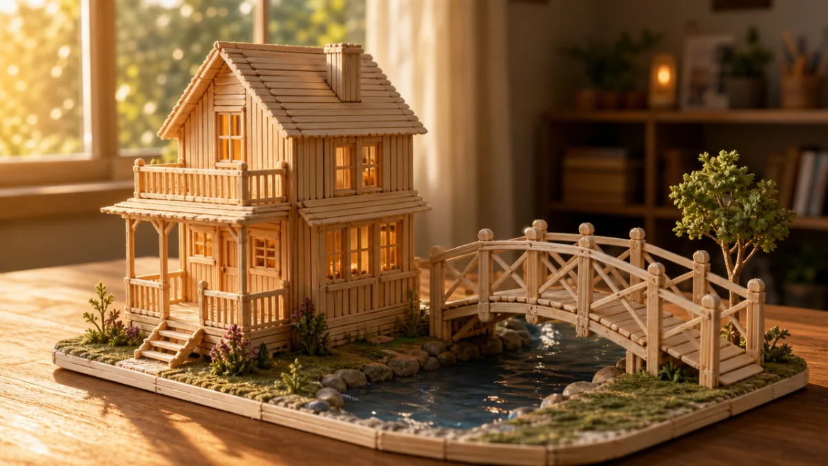 a finished popsicle stick house and bridge displayed on a table, golden…