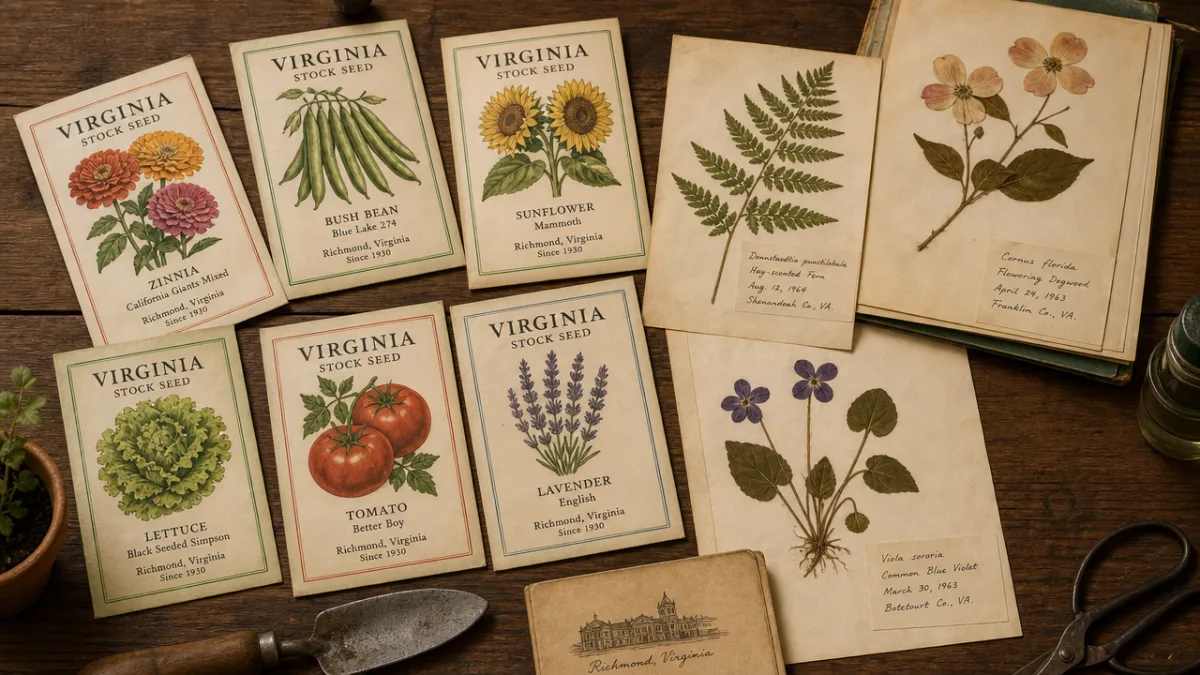 a collection of Virginia stock seed packets and pressed botanical specimens on…