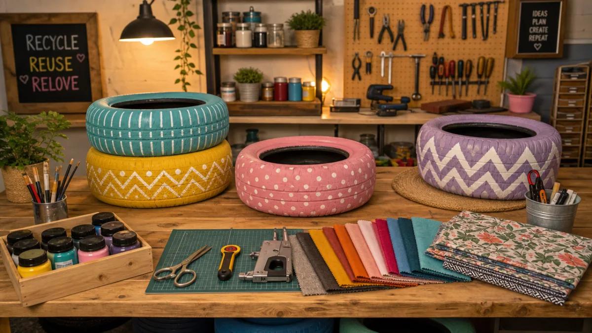 a workshop table with colorful painted tires, crafting tools, and fabric swatches…