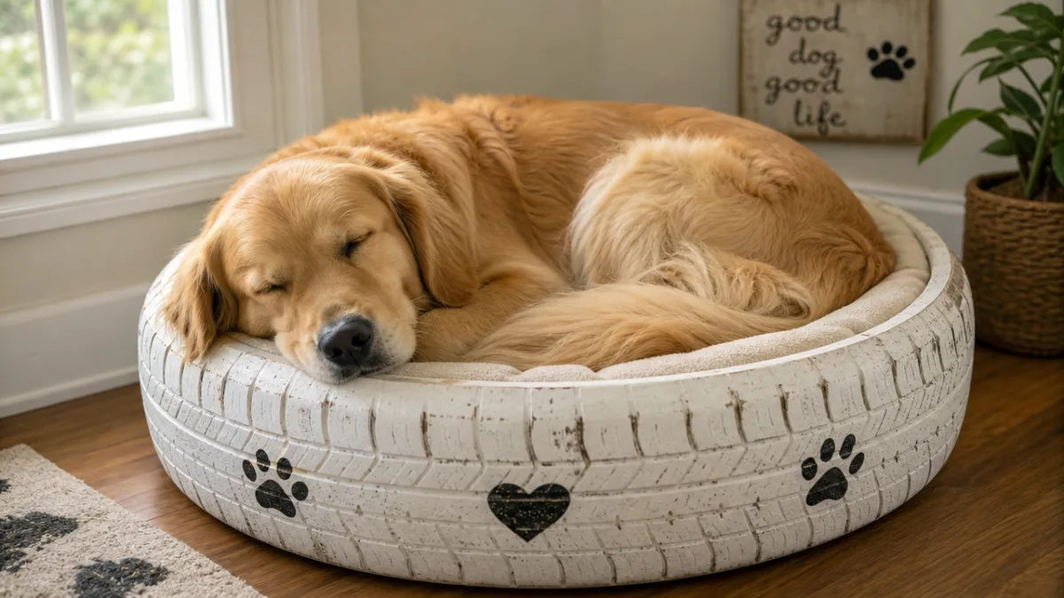 a cozy golden retriever sleeping inside a painted white tire dog bed,…