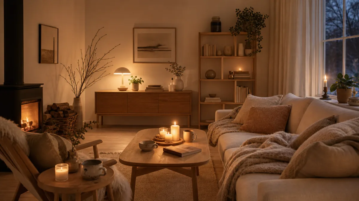 a cozy Scandinavian living room with warm candlelight, wool blankets, and wooden…