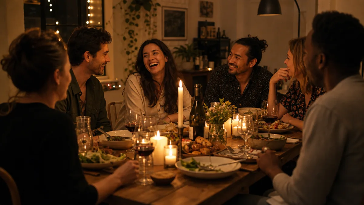a warm intimate dinner gathering with friends around a candlelit wooden table,…