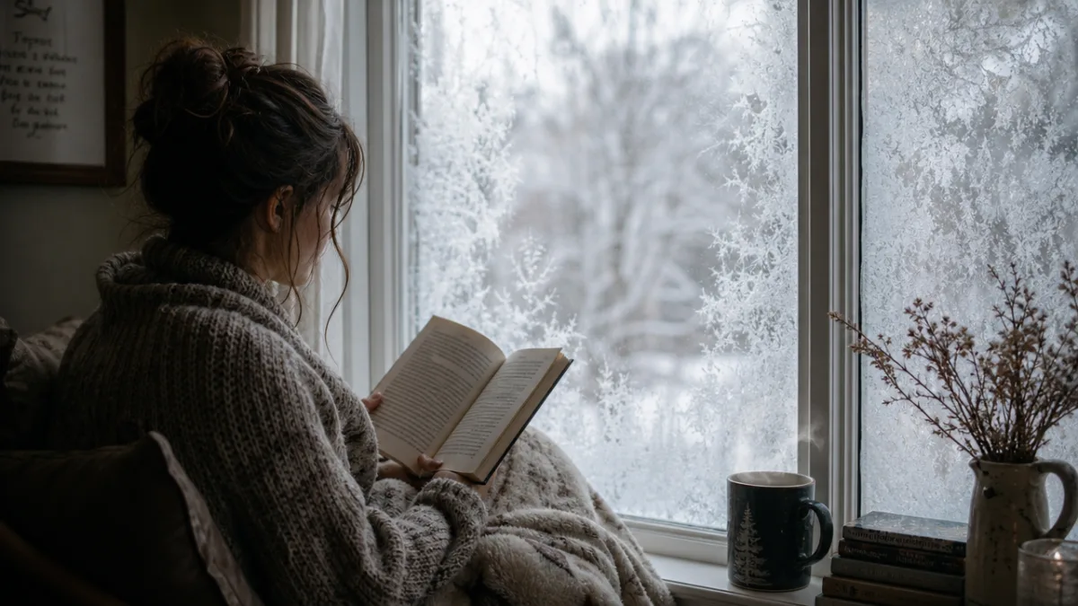 a solitary person reading by a frost-covered window with a steaming mug,…