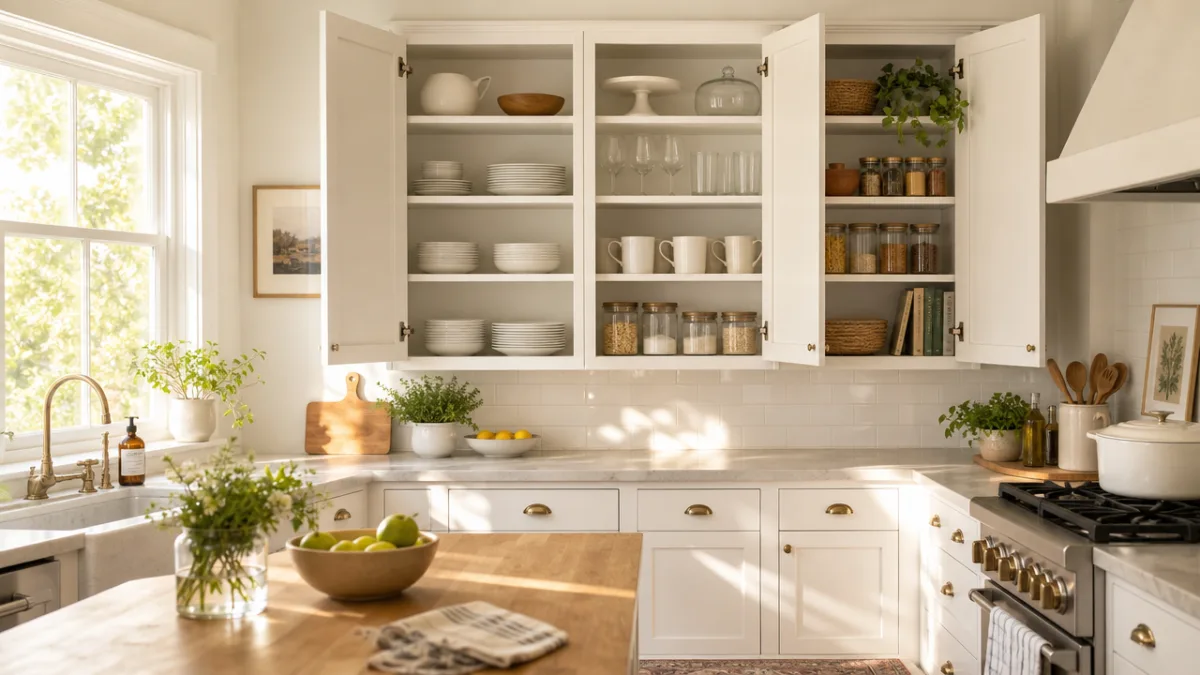 a bright, airy kitchen with open cabinet doors revealing neatly grouped items…