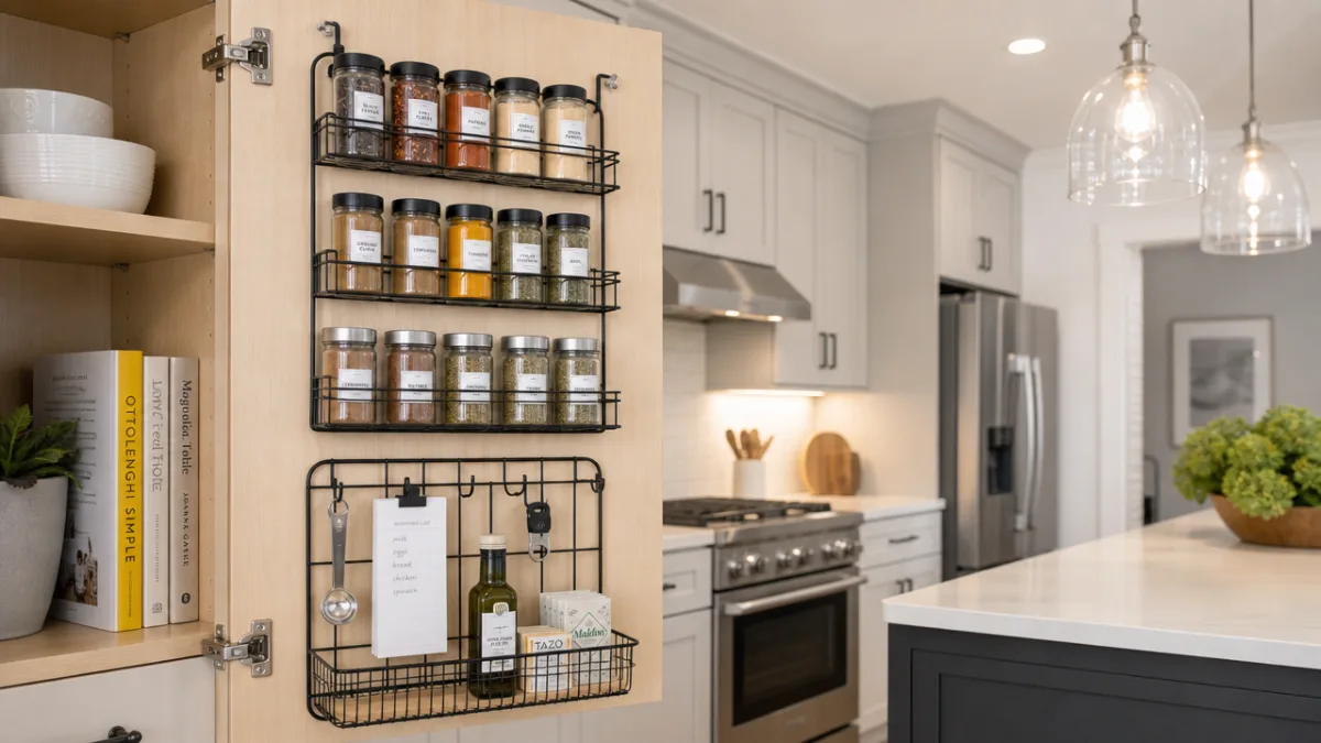 an open kitchen cabinet door with a mounted wire spice rack and…