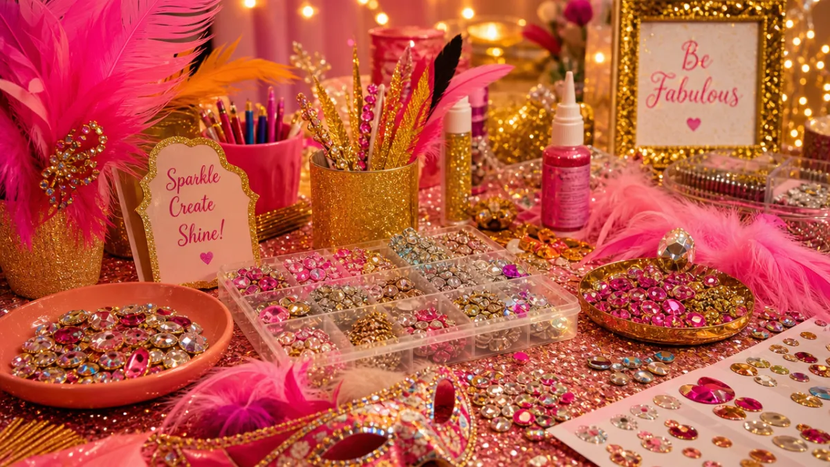 a colorful craft table covered in glitter, rhinestones, and feathers with pink…