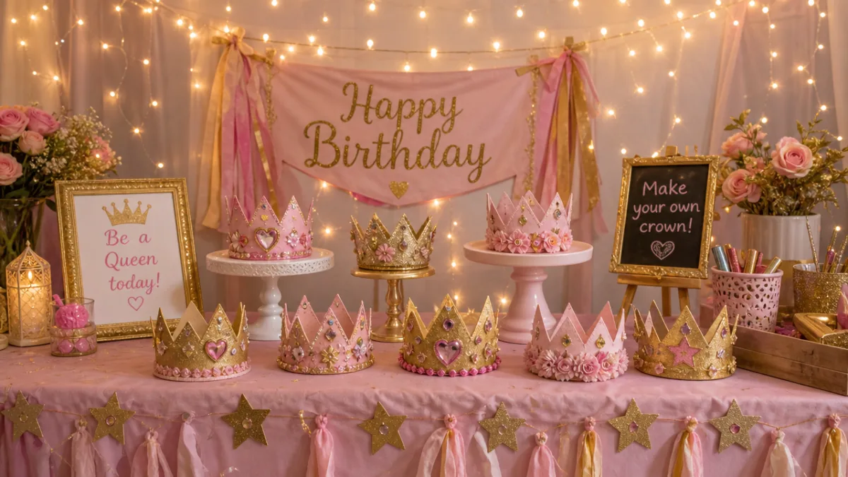 a whimsical pink and gold birthday party table with handmade crowns displayed,…