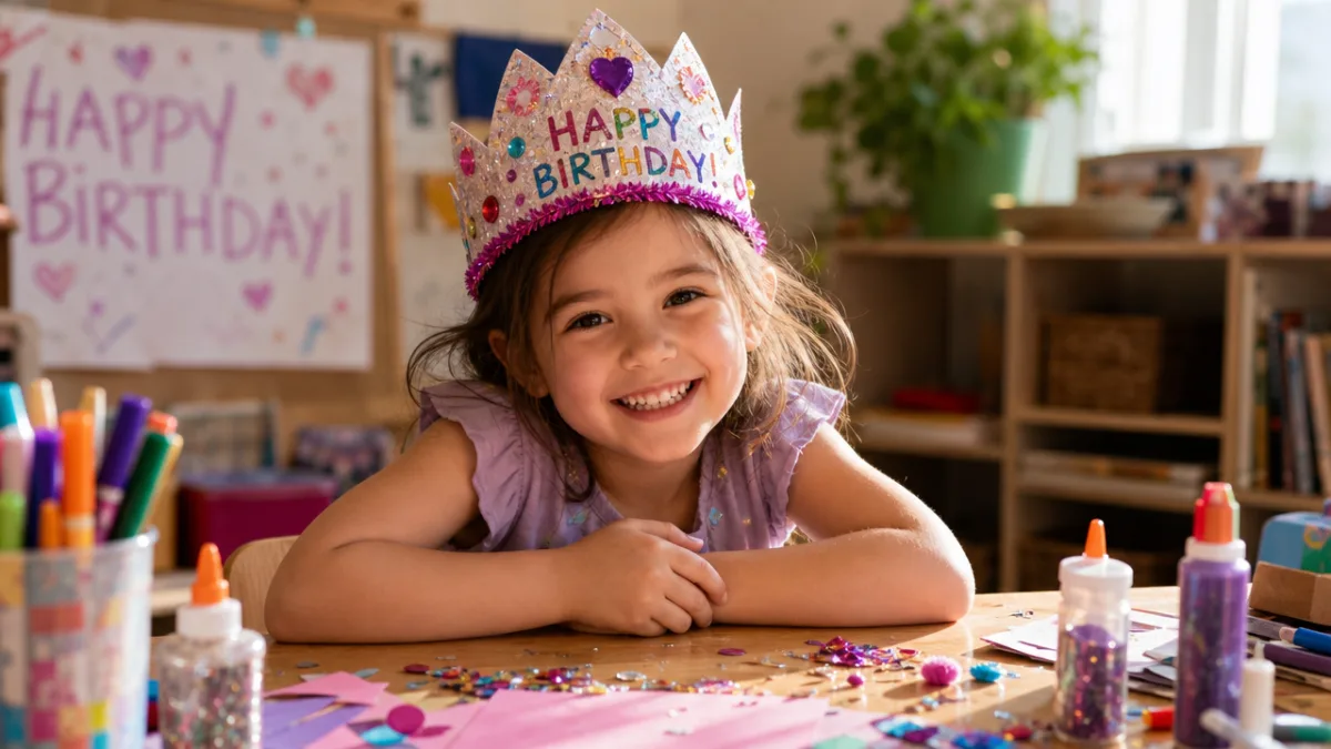 a smiling child wearing a sparkling handmade birthday crown surrounded by craft…