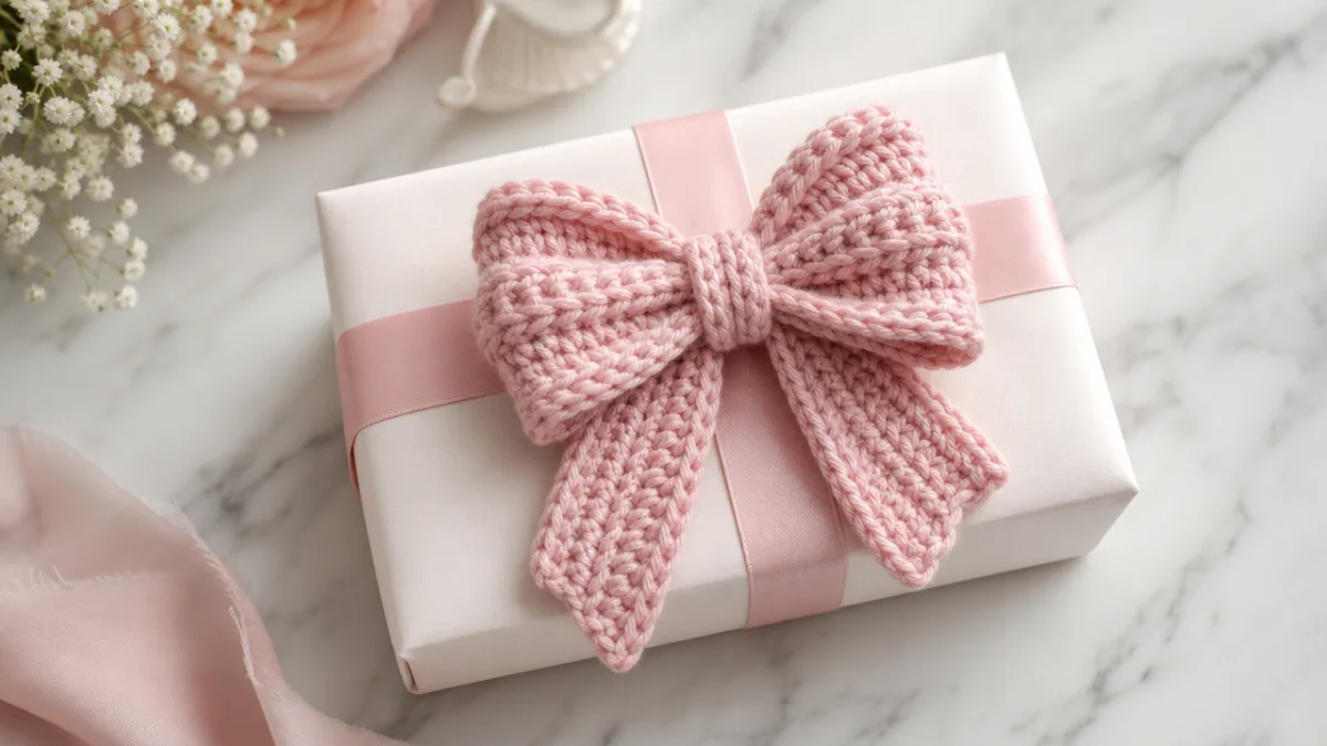 a beautifully wrapped gift topped with a handmade crochet bow in soft…