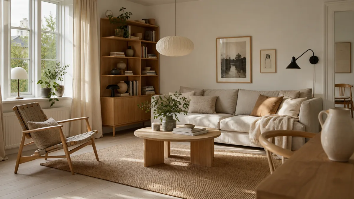 a serene Swedish-style living room with neutral tones, natural wood accents, and…