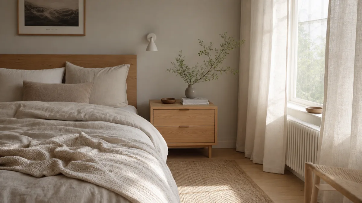 a peaceful Scandinavian bedroom with linen bedding, wooden nightstand, soft morning light…