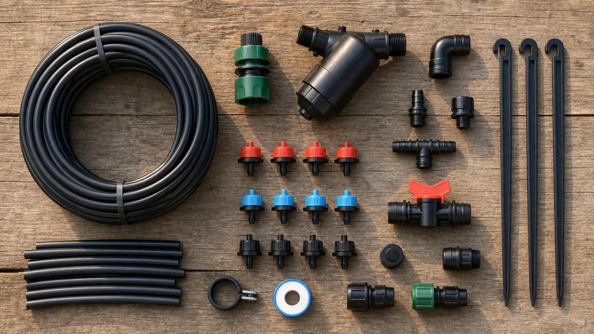 a neatly arranged flat lay of drip irrigation components on a weathered…