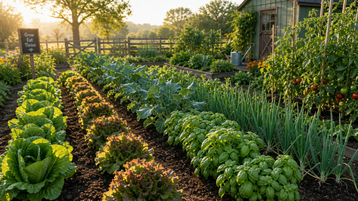 a thriving vegetable garden with healthy green plants in neat rows, soft…