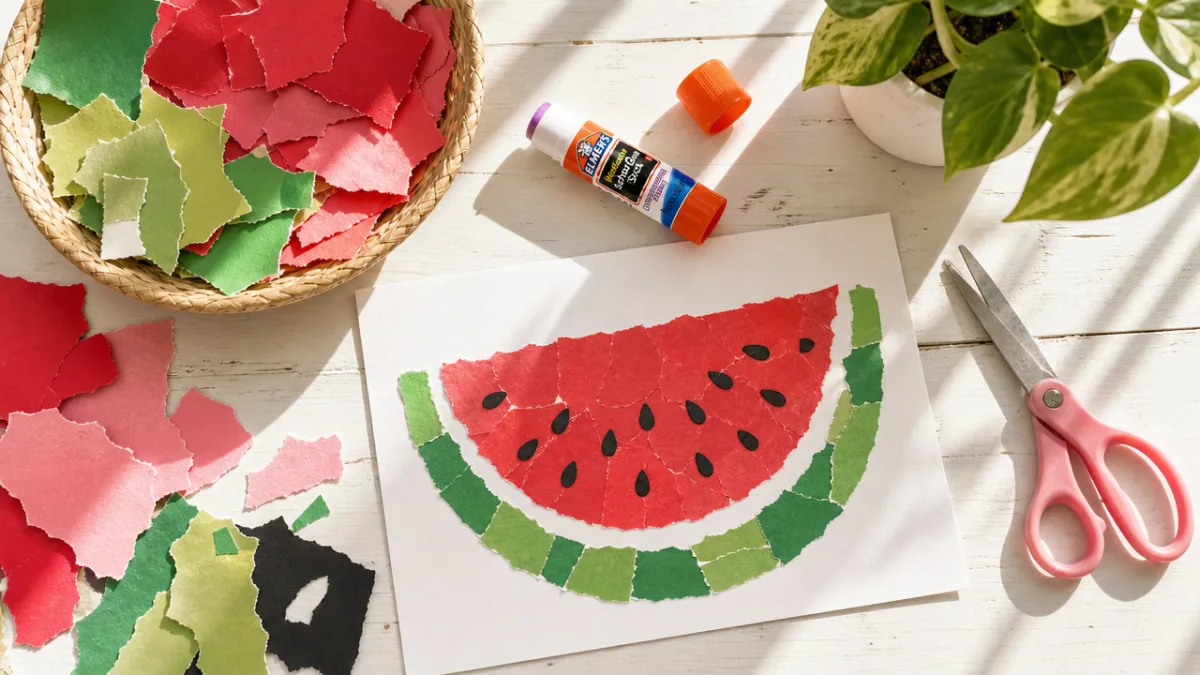 a bright overhead flatlay of colorful torn paper pieces, glue, and a…