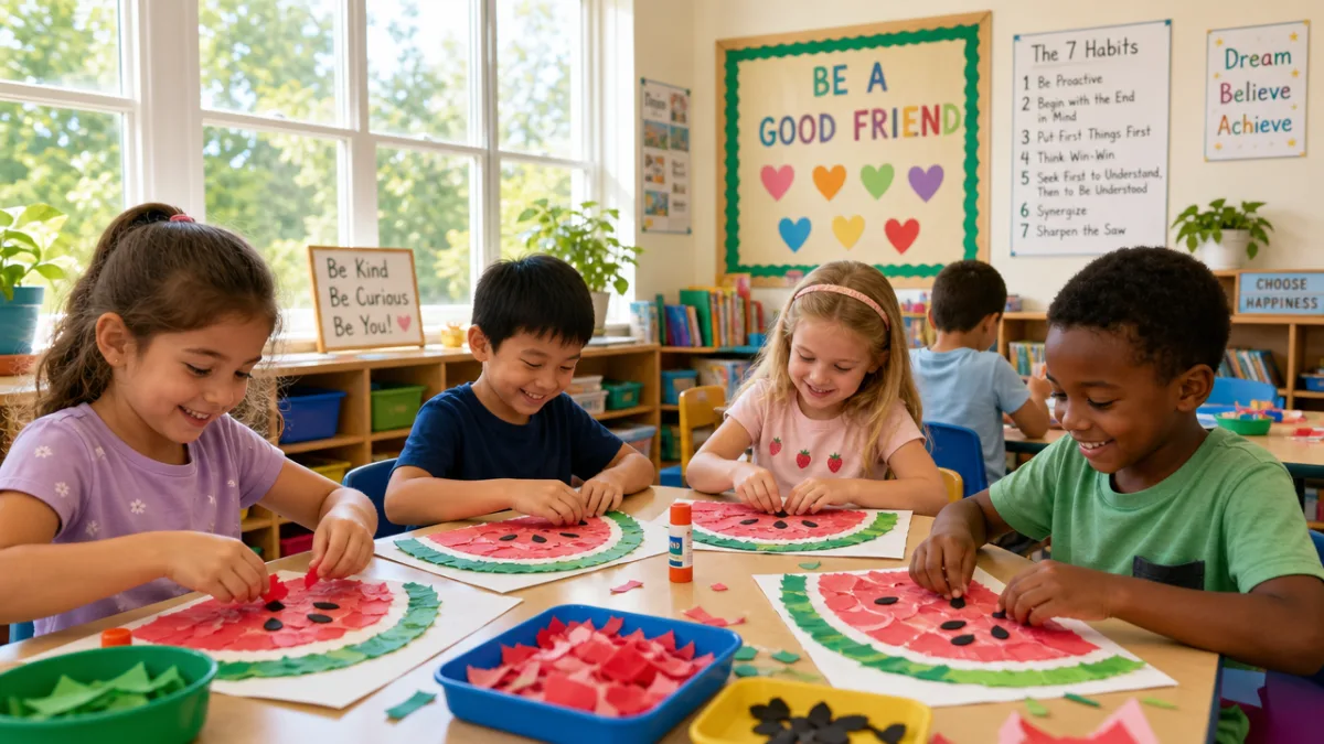 a cheerful classroom setting with children working on colorful torn paper watermelon…