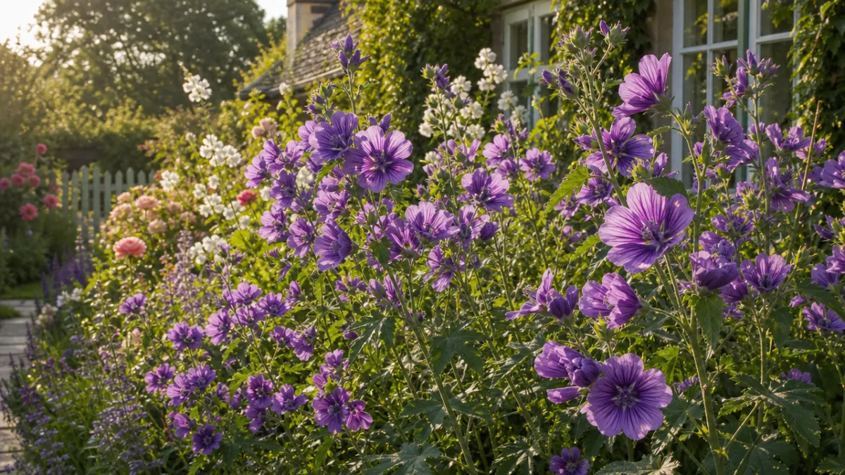 a lush cottage garden border filled with tall purple Malope trifida flowers,…