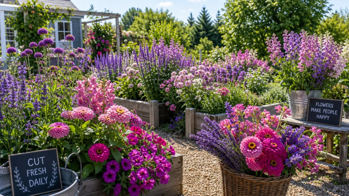 a vibrant summer cutting garden with purple and pink annual flowers in…