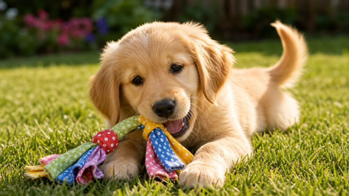 a golden retriever puppy joyfully playing with a colorful homemade fabric toy…