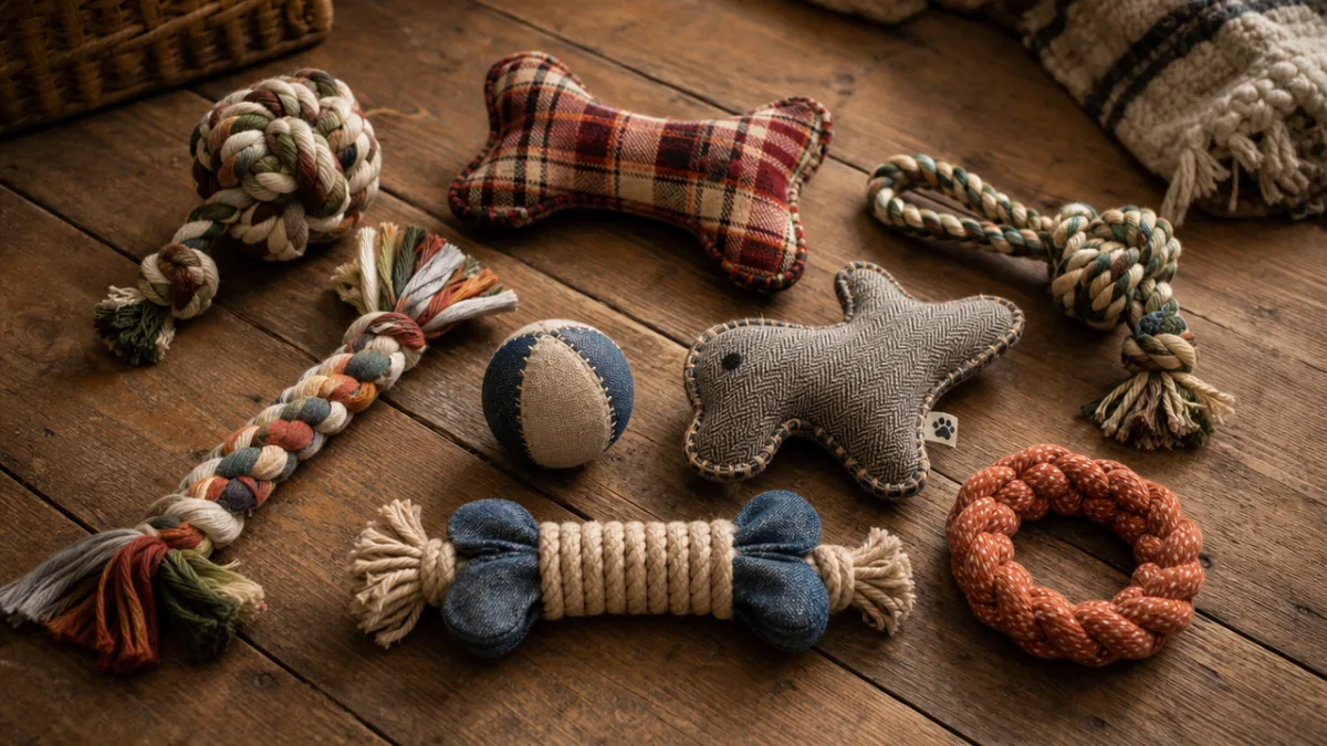 a collection of handmade dog toys arranged on a rustic wooden floor,…