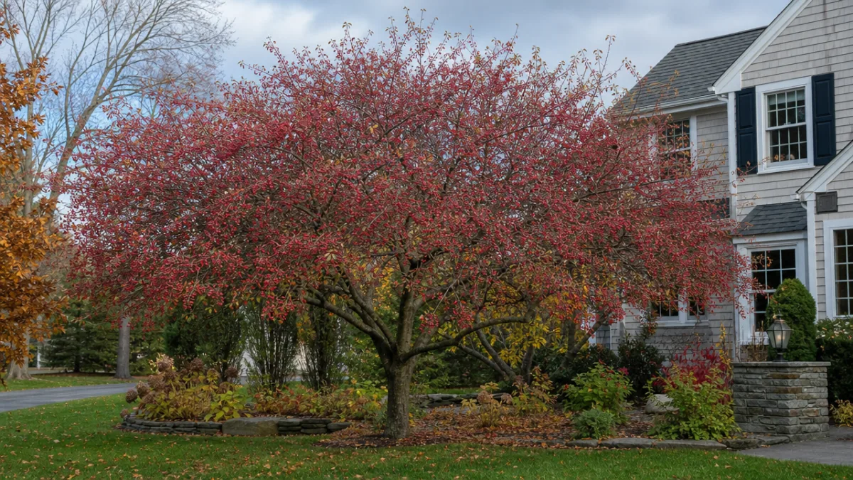 a mature ornamental crabapple tree with red persistent fruit in a residential…