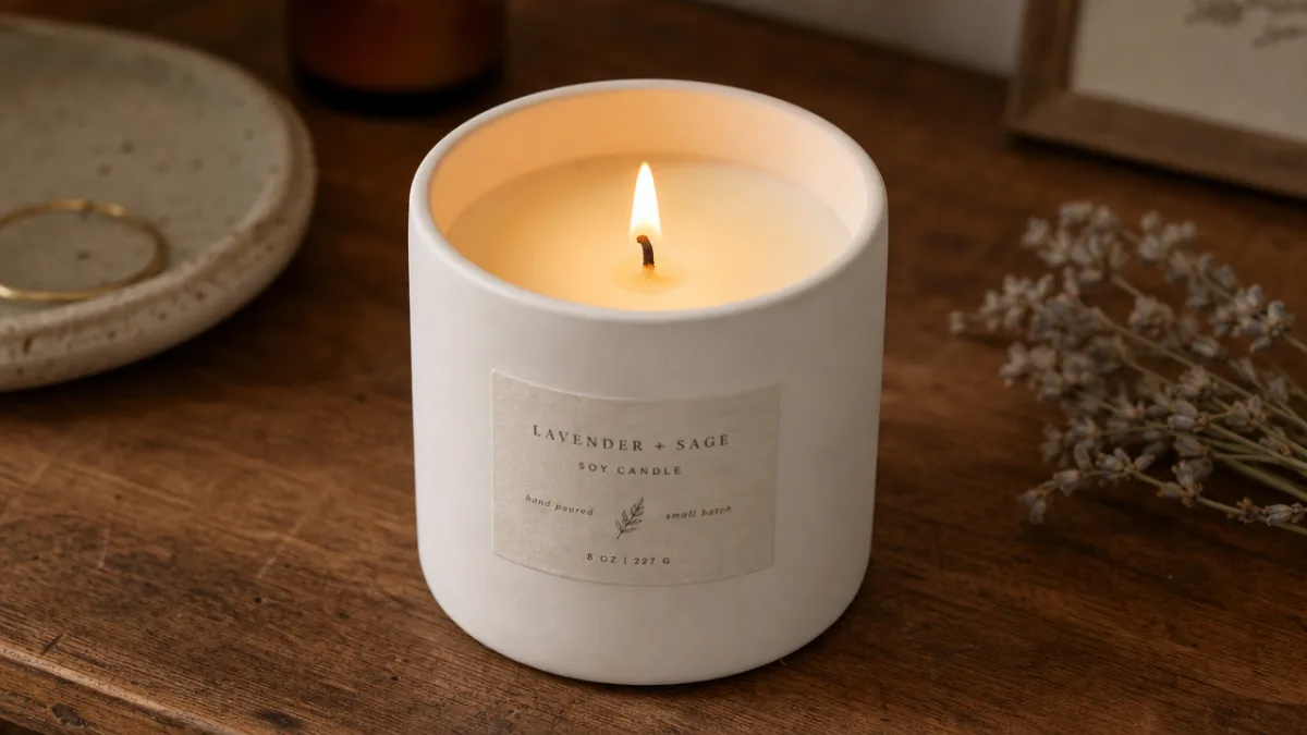 a close-up of a handmade soy candle in a matte white vessel…