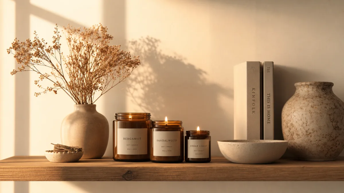 a minimalist styled shelf with soy candles grouped alongside dried botanicals and…