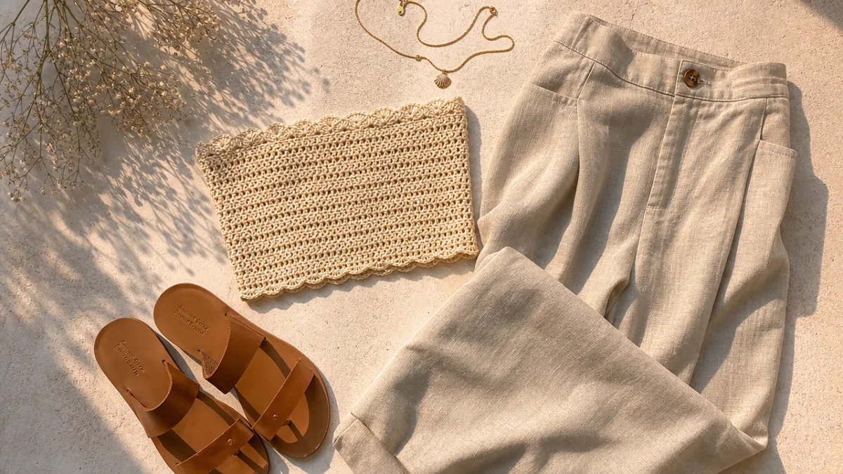 a styled flat lay of a finished crochet tube top with linen…