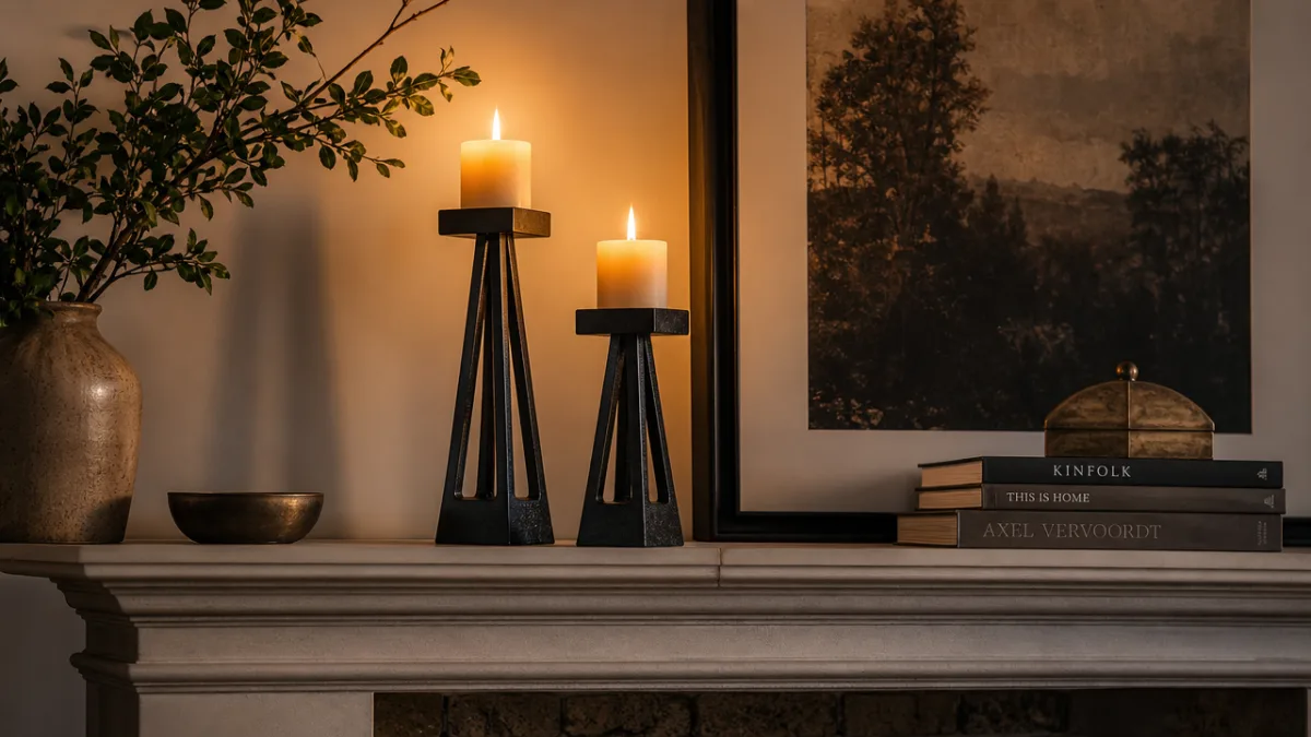 a styled mantelpiece vignette featuring geometric cast iron candle stands with glowing…