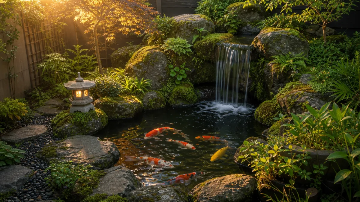 a lush small corner garden waterfall pond with mossy rocks and koi…
