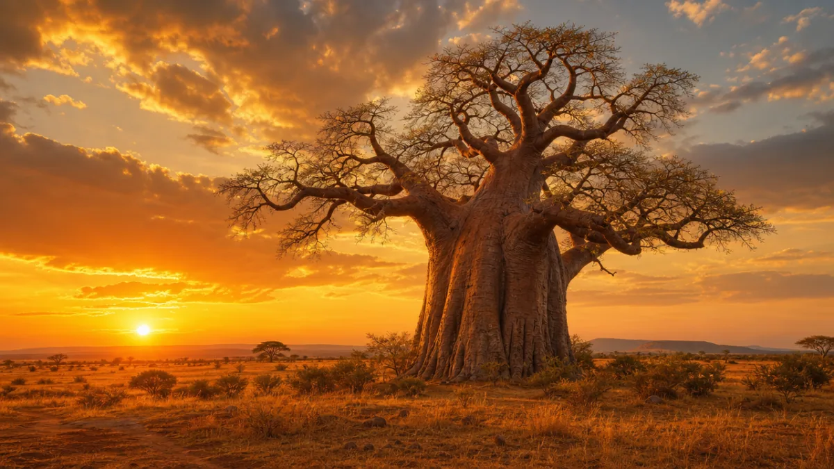 a majestic ancient baobab tree at golden hour in African savanna, warm…