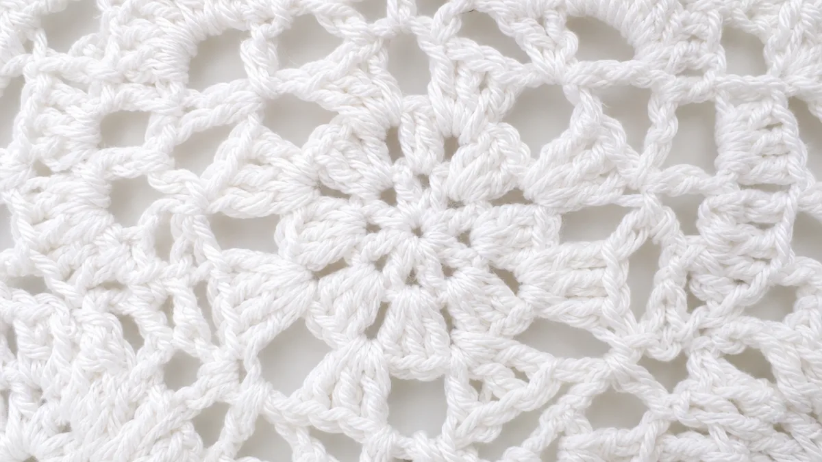 a close-up of intricate crochet lace stitches in white cotton yarn, soft…