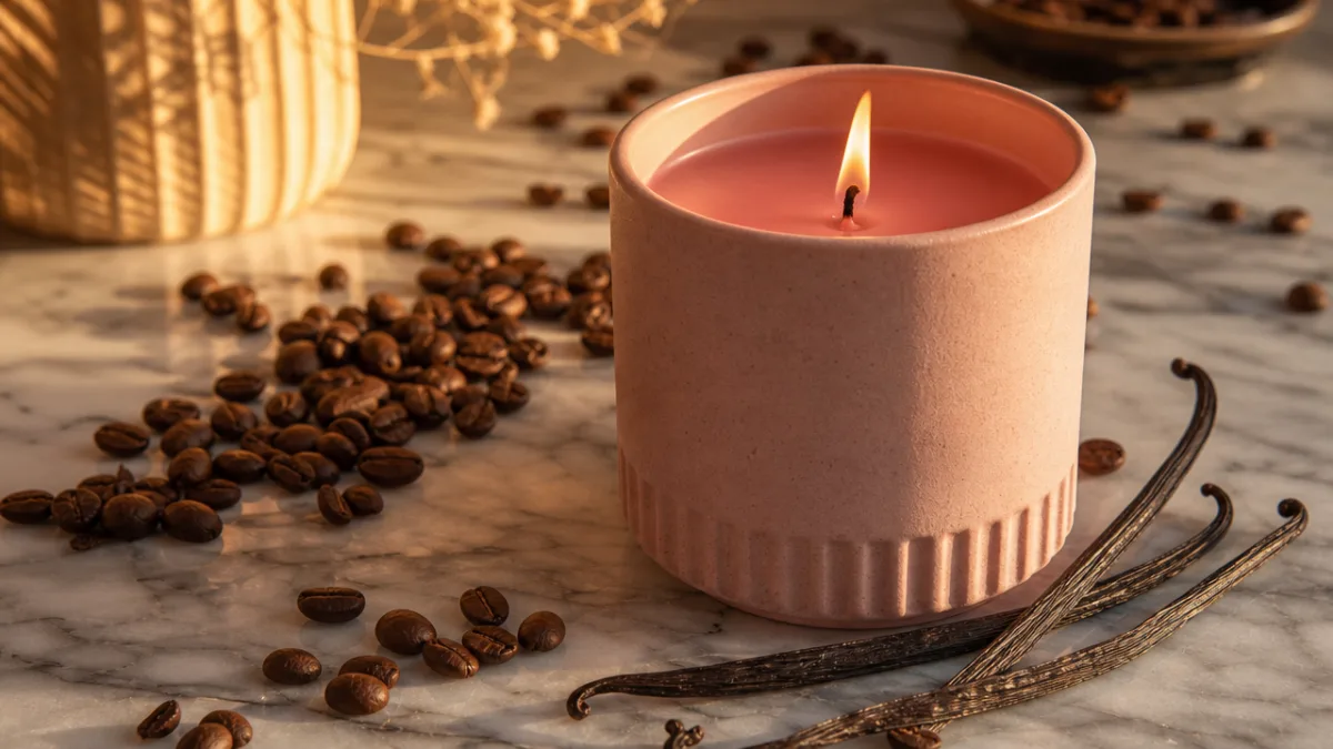 a pink candle in a ceramic container on a marble surface surrounded…
