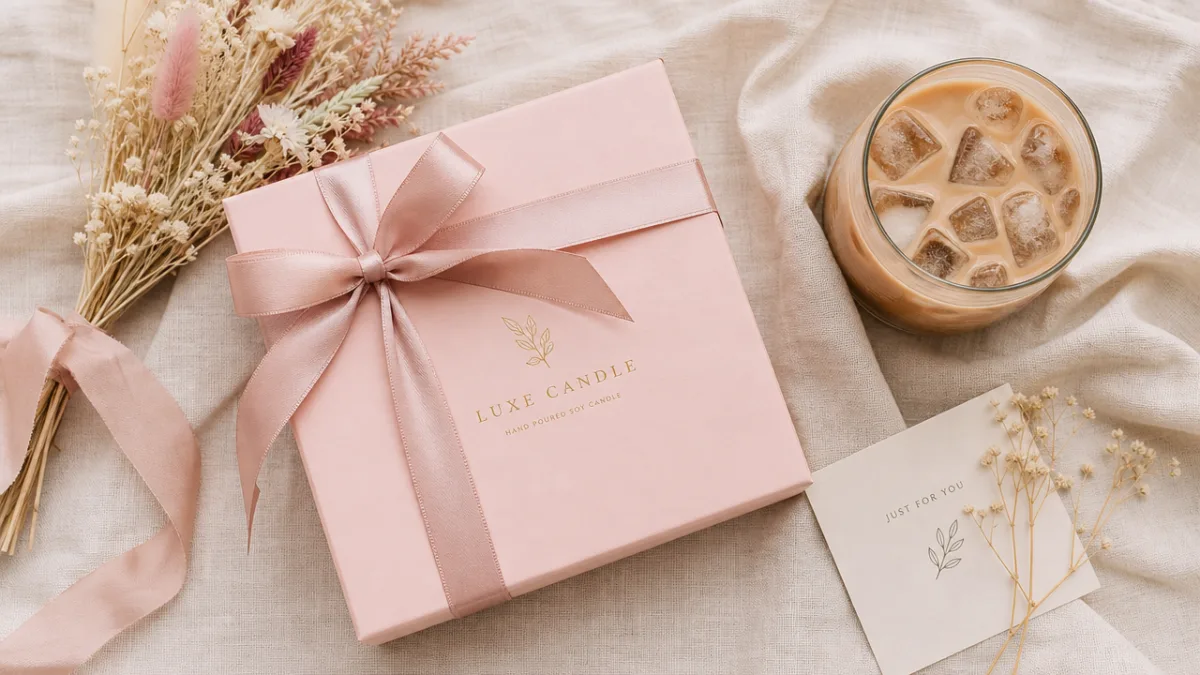 an elegant flat lay of a pink candle gift box with ribbon,…