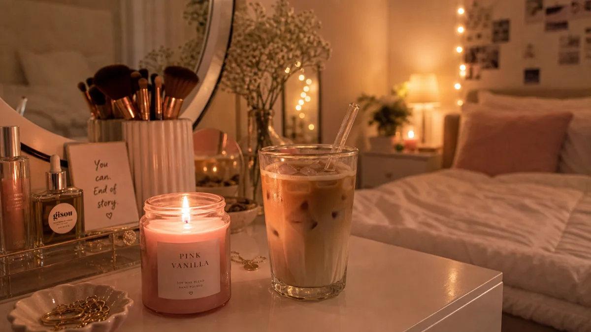 a cozy bedroom vanity scene with a pink lit candle, iced latte…