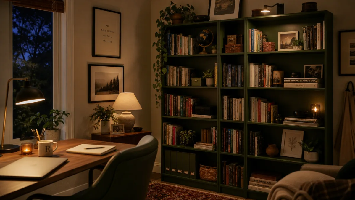 a cozy home office corner with a dark green Billy bookshelf filled…