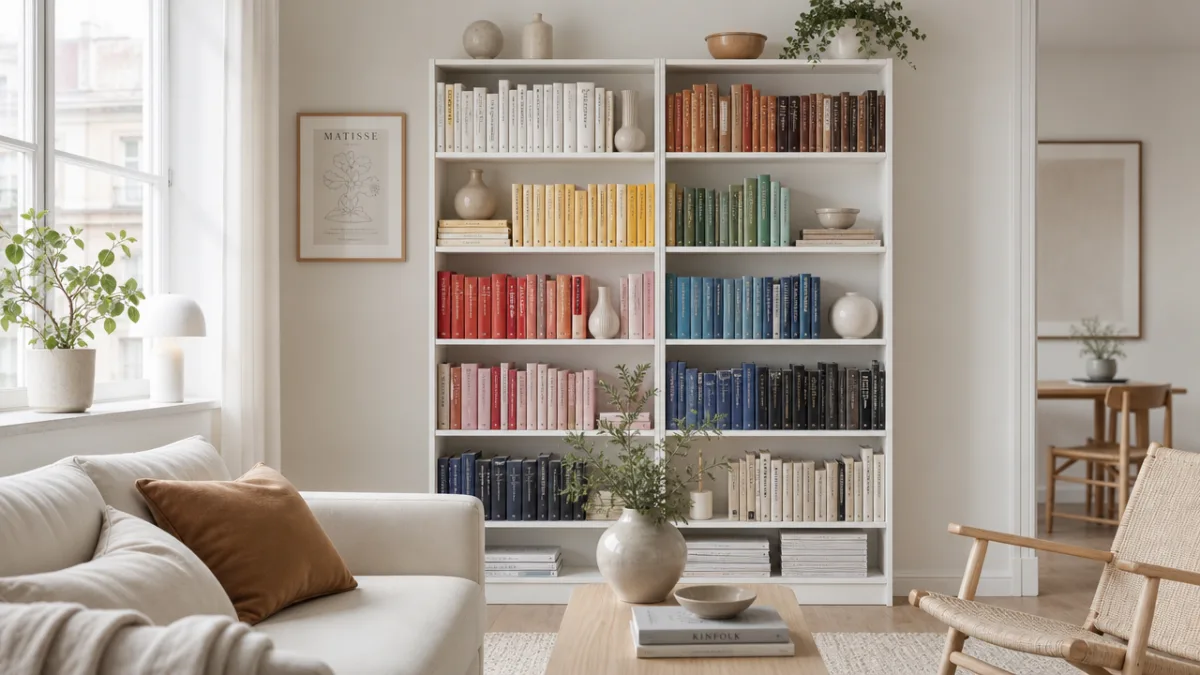 a well-styled Billy bookshelf in a bright Scandinavian living room with books…