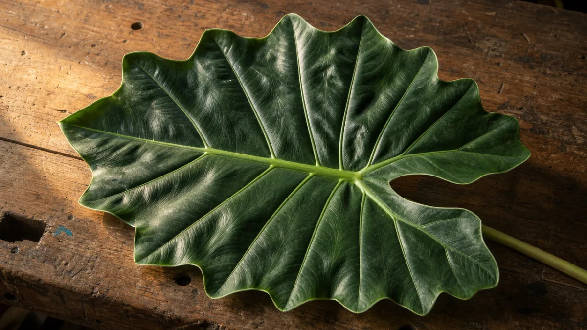 a large fresh Alocasia leaf laid flat on a rustic wooden workbench,…